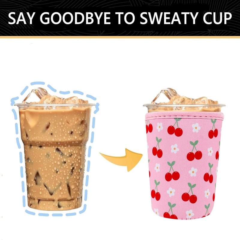 واي آر Reusable Neoprene Insulator Sleeve for Iced Coffee Cups, 3 Pack Coffee Coolies sleeves for Iced  Hot Drinks, Cold Beverage Cooler Compatible with Starbucks Coffee and More (Cute Cherry) - Image 3