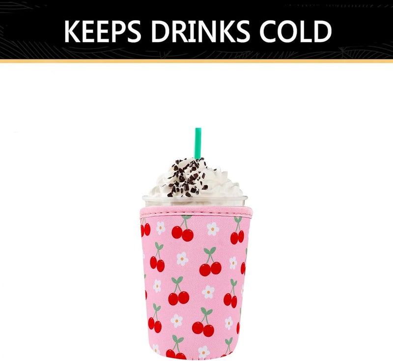واي آر Reusable Neoprene Insulator Sleeve for Iced Coffee Cups, 3 Pack Coffee Coolies sleeves for Iced  Hot Drinks, Cold Beverage Cooler Compatible with Starbucks Coffee and More (Cute Cherry) - Image 4