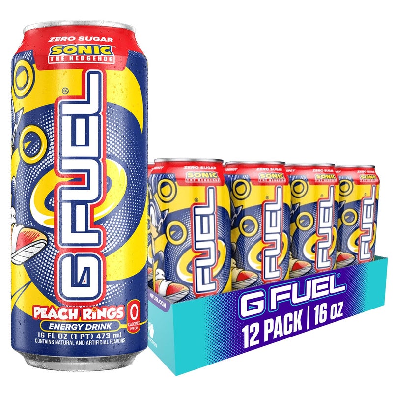 G Fuel Energy Drink, Peach Ring Candy, Sugar Free Beverage with 300mg Caffeine, Daily Energy Boost with Focus Amino, Vitamin + Antioxidants, 16 oz Cans (Sonic, 12-Pack) - Image 1