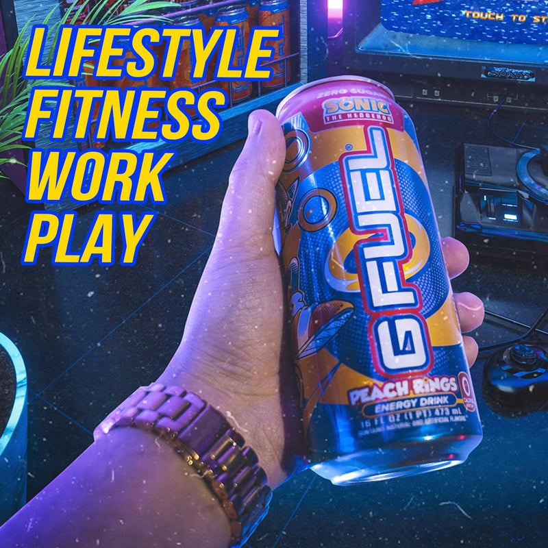 G Fuel Energy Drink, Peach Ring Candy, Sugar Free Beverage with 300mg Caffeine, Daily Energy Boost with Focus Amino, Vitamin + Antioxidants, 16 oz Cans (Sonic, 12-Pack) - Image 5