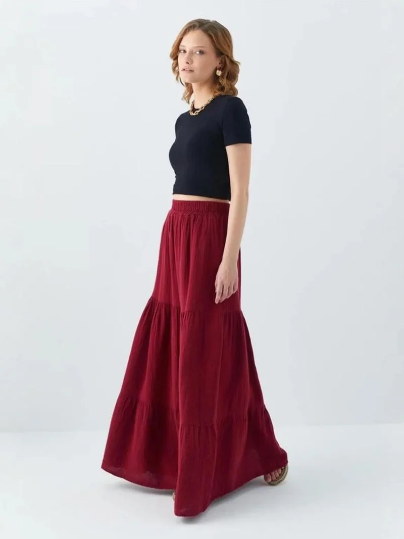 MixRay Burgundy Red Mixray Maxi Cotton Skirt for Women | Best Price UAE