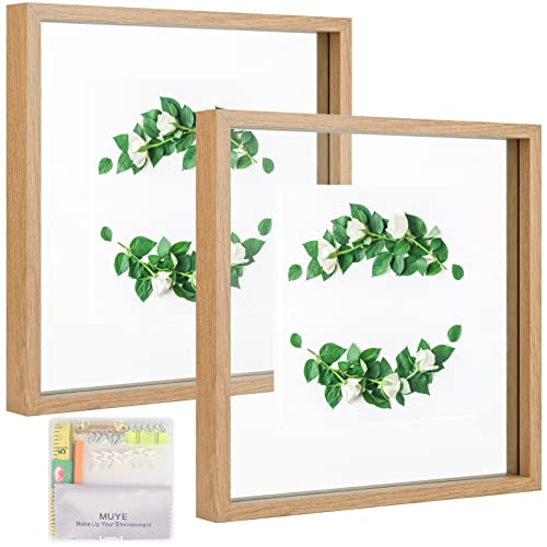 MUYE 10x10 Floating Frame Set of 2,Double Glass Square Photo Frame,Display Any Size Photo up to 10x10,Wall Mount or Tabletop Standing,Natural - Image 1