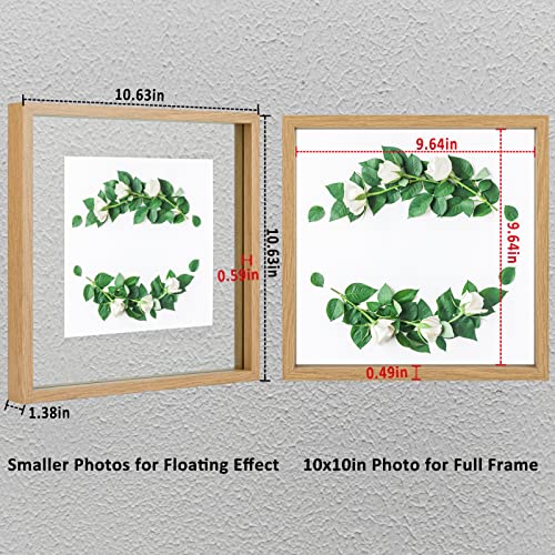 MUYE 10x10 Floating Frame Set of 2,Double Glass Square Photo Frame,Display Any Size Photo up to 10x10,Wall Mount or Tabletop Standing,Natural - Image 2
