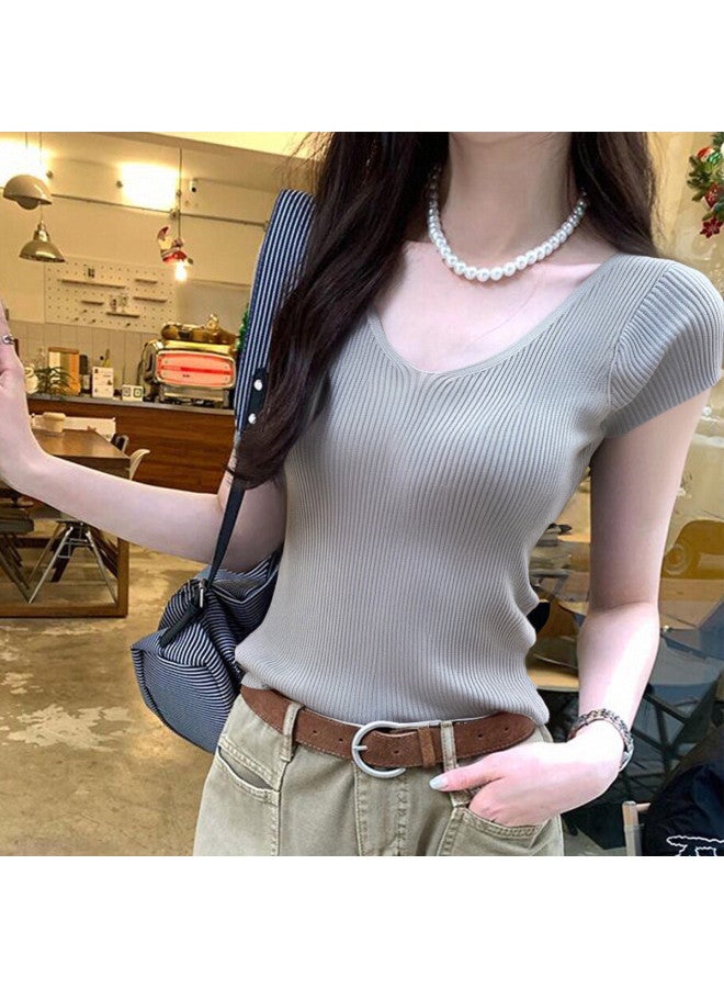 TonLion 2025 Summer Women's V-neck Short-sleeve Knit Sweater Solid Color Versatile High-end Workwear Slim-fit Knitted T-shirt - Image 4