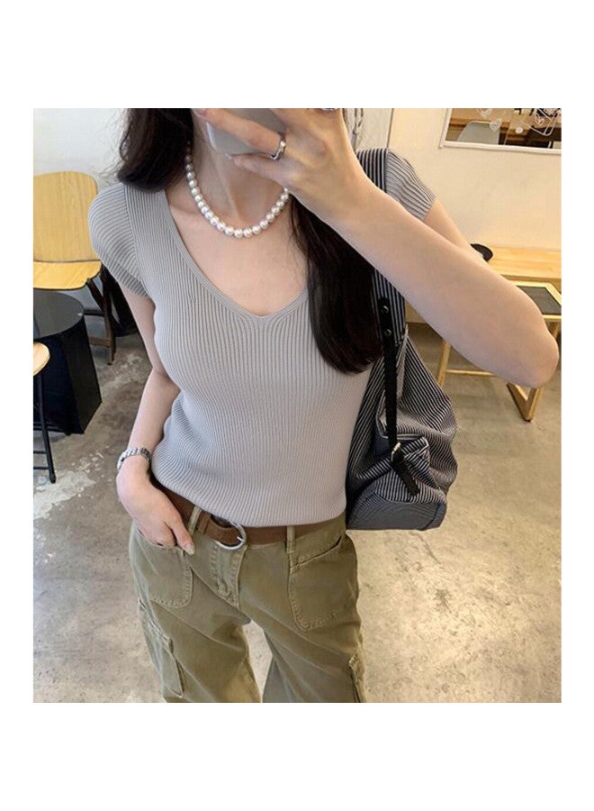 TonLion 2025 Summer Women's V-neck Short-sleeve Knit Sweater Solid Color Versatile High-end Workwear Slim-fit Knitted T-shirt - Image 3