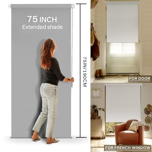 Hidpriva No Drill No Tools 100 Blackout Roller Shade UV Protection EasyCare Fabric Roller Blind for Windows Doors Pull Down Window Shade Grey 21 W x 75 H - Image 3