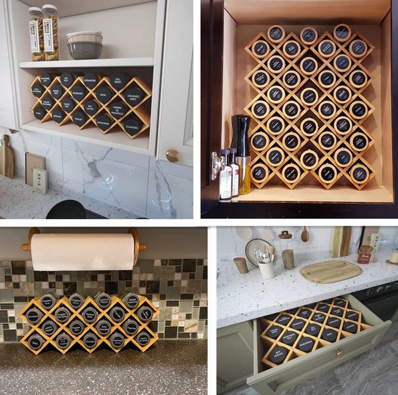 Kylinbigda Bamboo Criss Cross Spice Rack Organizer for Cabinet, Wood Seasoning Rack Spice Holder, 18-Jar Spice Rack Tower Spice Storage for Kitchen Countertop Drawer-Jars Not Included - Image 3