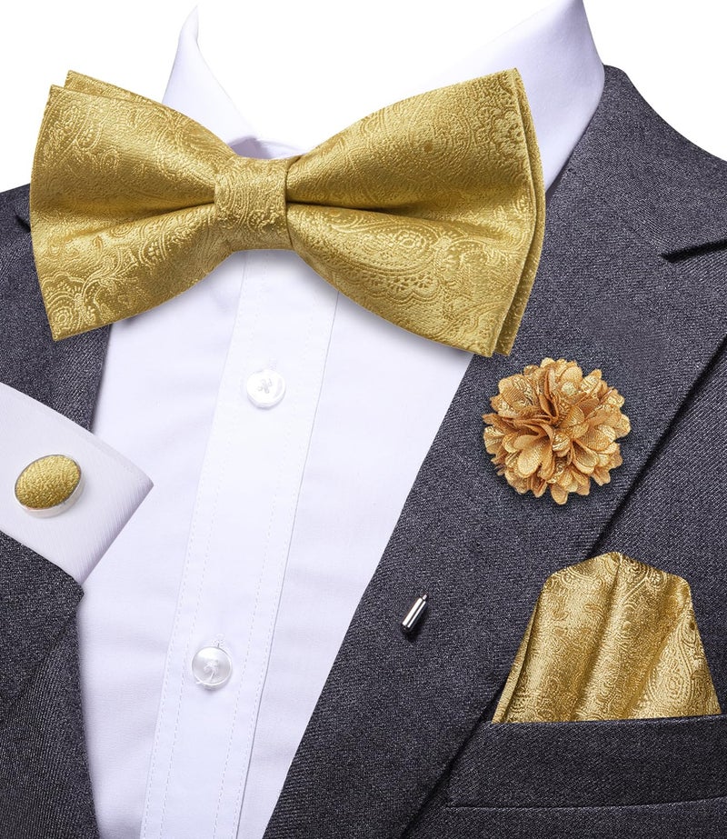 Dubulle Gold Bowtie for Men Paisley Floral Mens Pretied Bowtie and Lapel Pin Set Pocket Square Cufflinks Wedding - Image 2