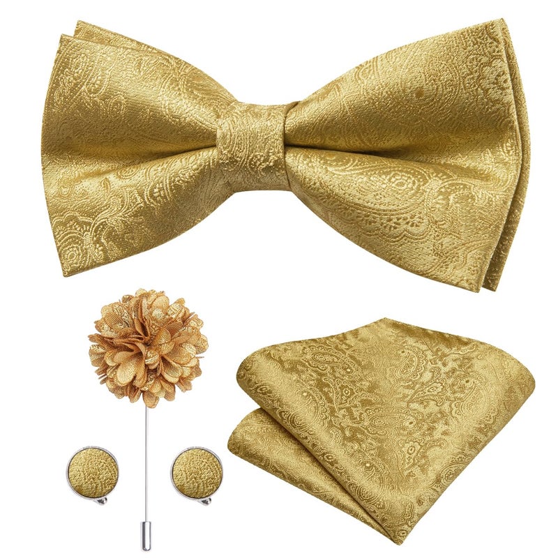 Dubulle Gold Bowtie for Men Paisley Floral Mens Pretied Bowtie and Lapel Pin Set Pocket Square Cufflinks Wedding - Image 1