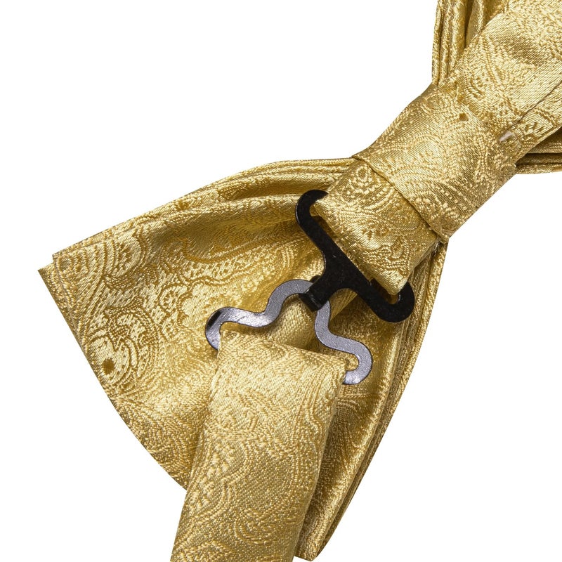 Dubulle Gold Bowtie for Men Paisley Floral Mens Pretied Bowtie and Lapel Pin Set Pocket Square Cufflinks Wedding - Image 4
