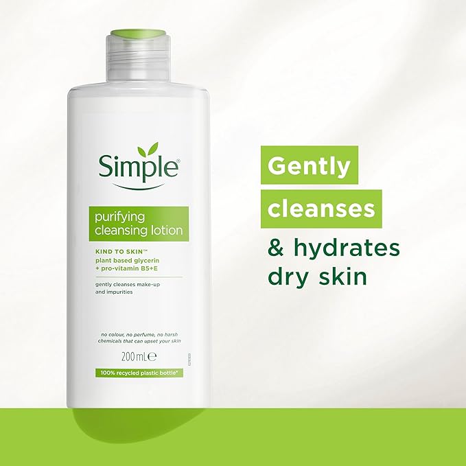 Simple Kind to Skin Purifying Cleansing Lotion Cleanser for Sensitive Skin Gently Removes Makeup and Impurities 200 ml - Image 3