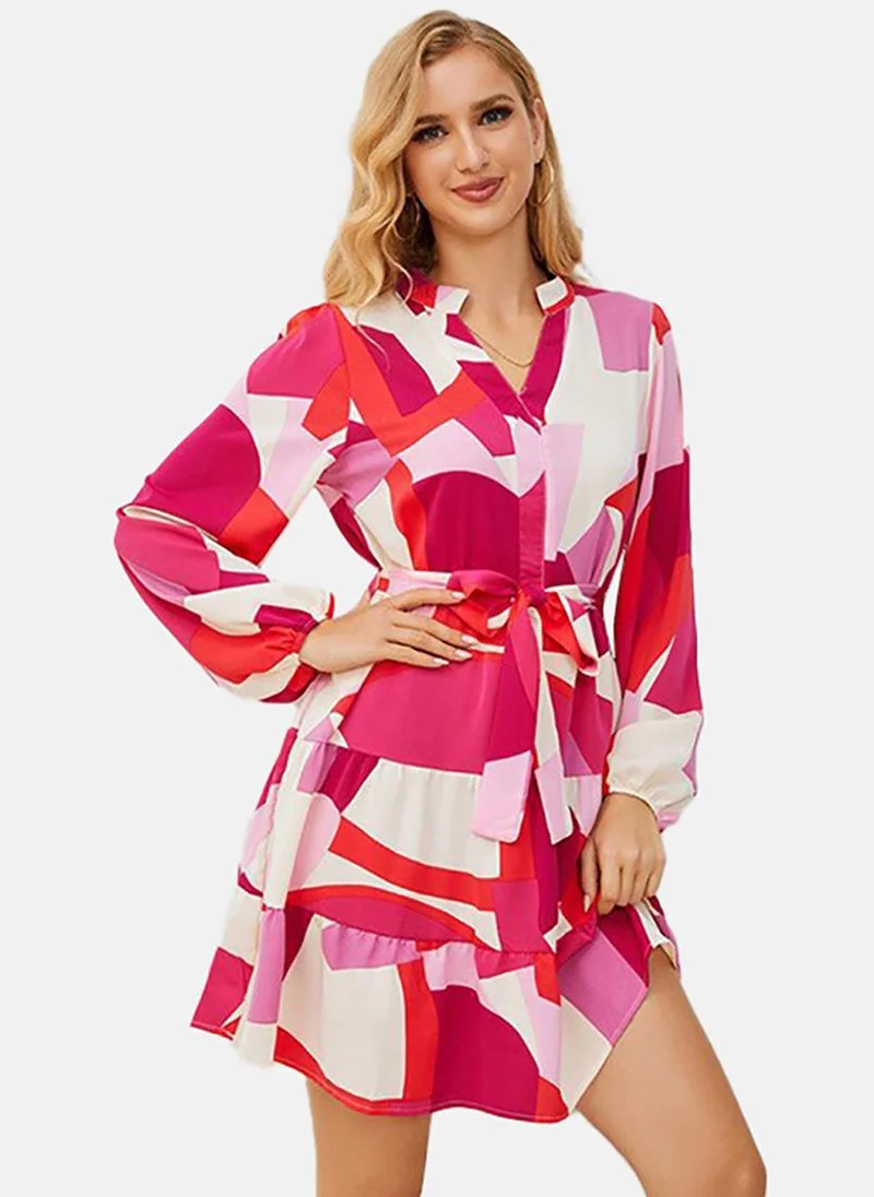 يونيكي Pink & white Geometric Printed Fit & Flare Dress