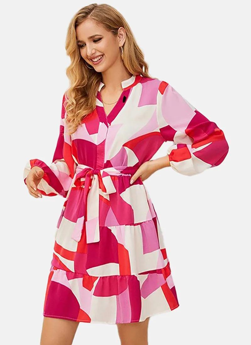يونيكي Pink & white Geometric Printed Fit & Flare Dress