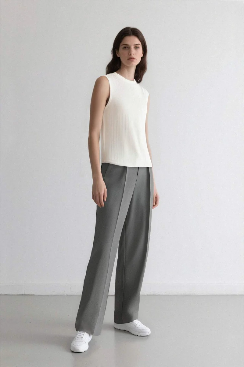 DeFacto Wide Leg Loose Fit Basic High Waist Grey Trousers