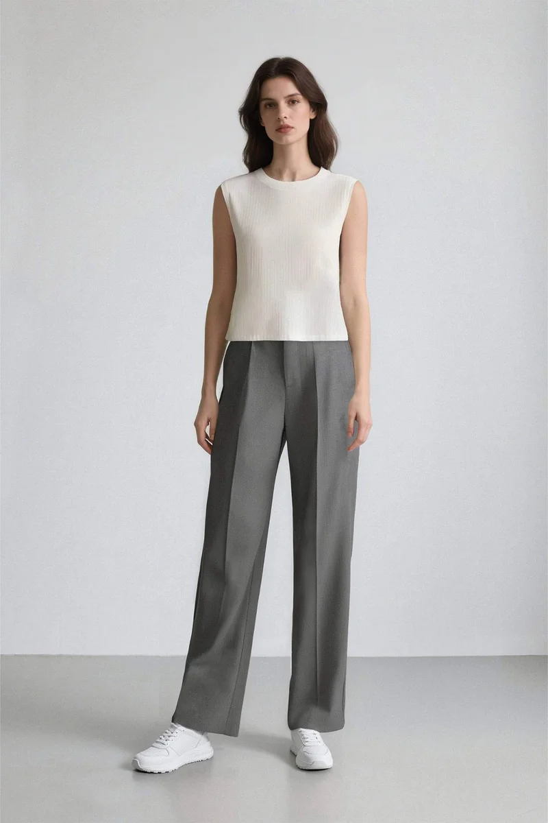 DeFacto Wide Leg Loose Fit Basic High Waist Grey Trousers