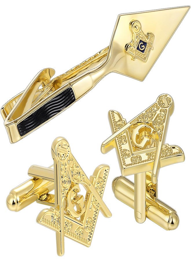 AMITER Masonic Tie Clip and Cufflinks Set, 18K Gold Mens Necktie Bar Cuff Links Personalized Gift for Freemason Husband Father Boyfriend - Image 1