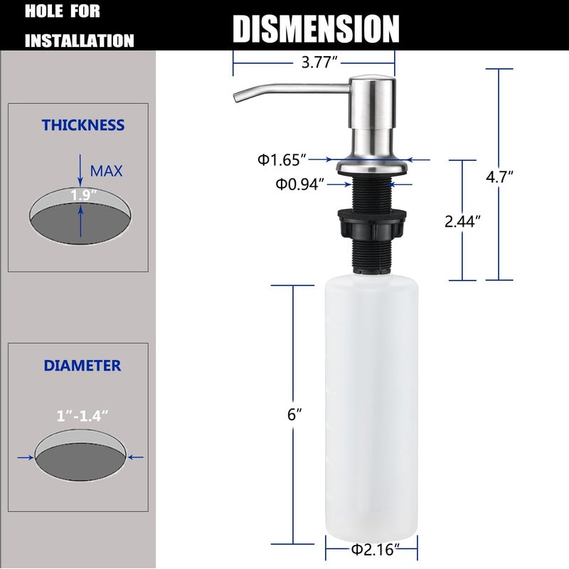 Wardock Built in Soap Dispenser for Kitchen Sink, Brushed Nickel Lotion Dispenser Stainless Steel Countertop Pump Head Refill from The Top 13oz Liquid Bottle - Image 5