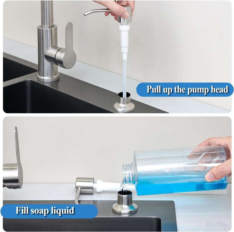 Wardock Built in Soap Dispenser for Kitchen Sink, Brushed Nickel Lotion Dispenser Stainless Steel Countertop Pump Head Refill from The Top 13oz Liquid Bottle - Image 3