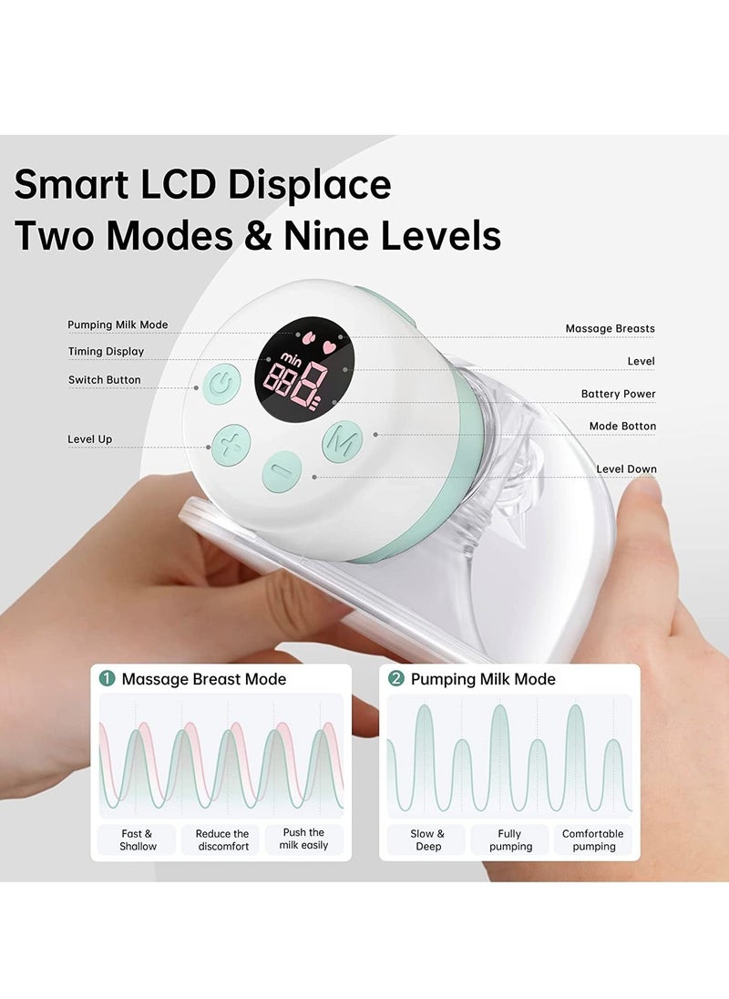 Gonice - Wearable Breast Pump, Electric Hands-Free Breast Pumps with 2 Modes, 9 Levels, LCD Display, Memory Function Rechargeable with Massage and Pumping Mode-Green - Image 1