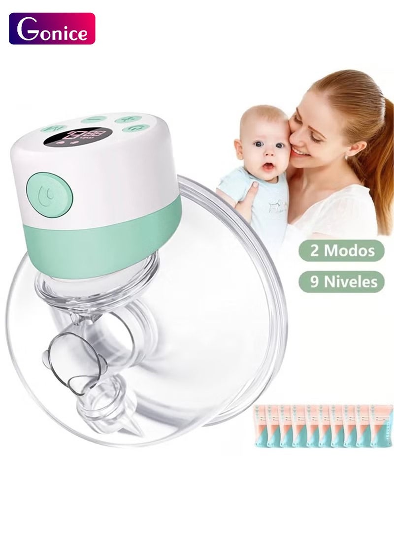 Gonice - Wearable Breast Pump, Electric Hands-Free Breast Pumps with 2 Modes, 9 Levels, LCD Display, Memory Function Rechargeable with Massage and Pumping Mode-Green - Image 1
