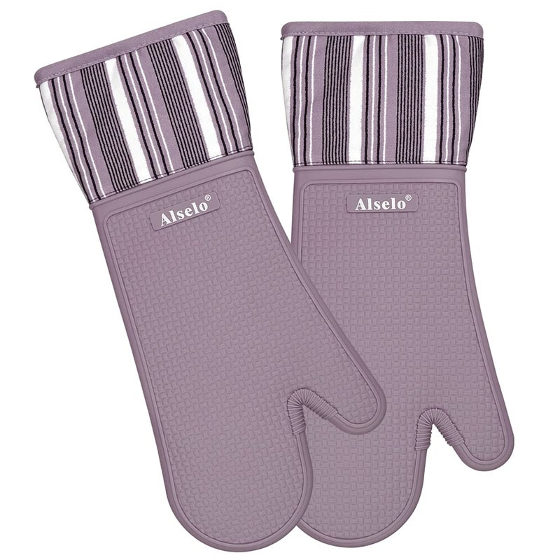 Alselo Silicone Oven Mitts Heat Resistant 550 Degree Extra Long Kitchen Gloves Pot Holders with Waterproof and NonSilp for Baking Cooking Barbecue Microwave Machine Washable Extra Long Purple 2