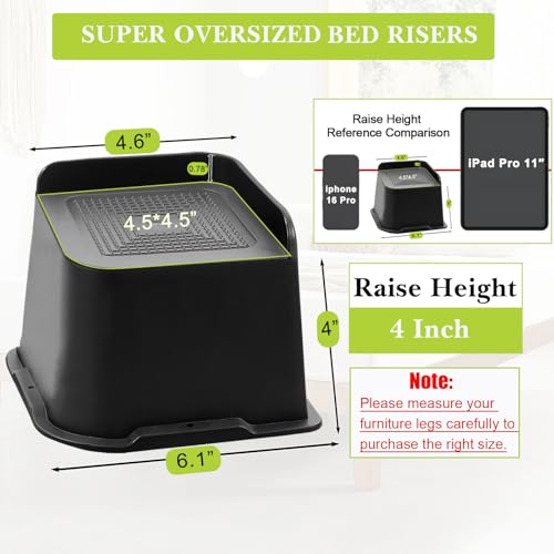 Yookwutar Bed Risers 2 inch, 3 inch, 4 inch, 6 inch, 8 inch Heavy Duty, Oversized Furniture Riser for Couch Sofa Table Chair Leg Frame Dorm, Support up to 6000 Lbs (Black 4 Pack, 4 inch) - Image 2