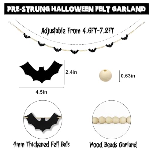 CESOF Halloween Garland Decorations - Adjustable Spooky Hanging Black Felt Bat Garland Fireplace Decor - Aesthetic Boho Wood Beads Mantel Banner for Home Room Indoor Farmhouse Office Wall Halloween Decor - Image 4