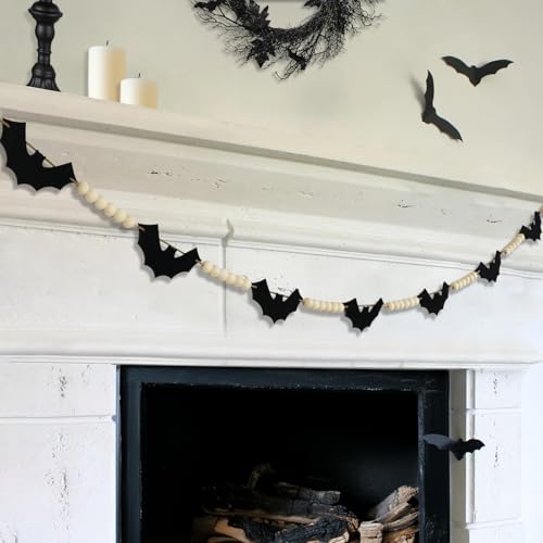 CESOF Halloween Garland Decorations - Adjustable Spooky Hanging Black Felt Bat Garland Fireplace Decor - Aesthetic Boho Wood Beads Mantel Banner for Home Room Indoor Farmhouse Office Wall Halloween Decor - Image 1