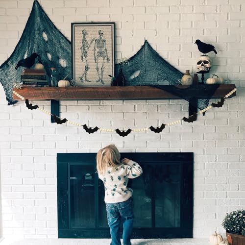 CESOF Halloween Garland Decorations - Adjustable Spooky Hanging Black Felt Bat Garland Fireplace Decor - Aesthetic Boho Wood Beads Mantel Banner for Home Room Indoor Farmhouse Office Wall Halloween Decor - Image 5