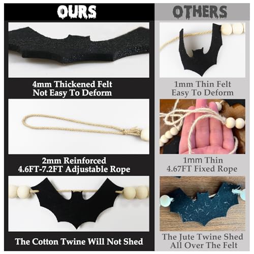 CESOF Halloween Garland Decorations - Adjustable Spooky Hanging Black Felt Bat Garland Fireplace Decor - Aesthetic Boho Wood Beads Mantel Banner for Home Room Indoor Farmhouse Office Wall Halloween Decor - Image 2