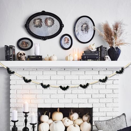 CESOF Halloween Garland Decorations - Adjustable Spooky Hanging Black Felt Bat Garland Fireplace Decor - Aesthetic Boho Wood Beads Mantel Banner for Home Room Indoor Farmhouse Office Wall Halloween Decor - Image 3