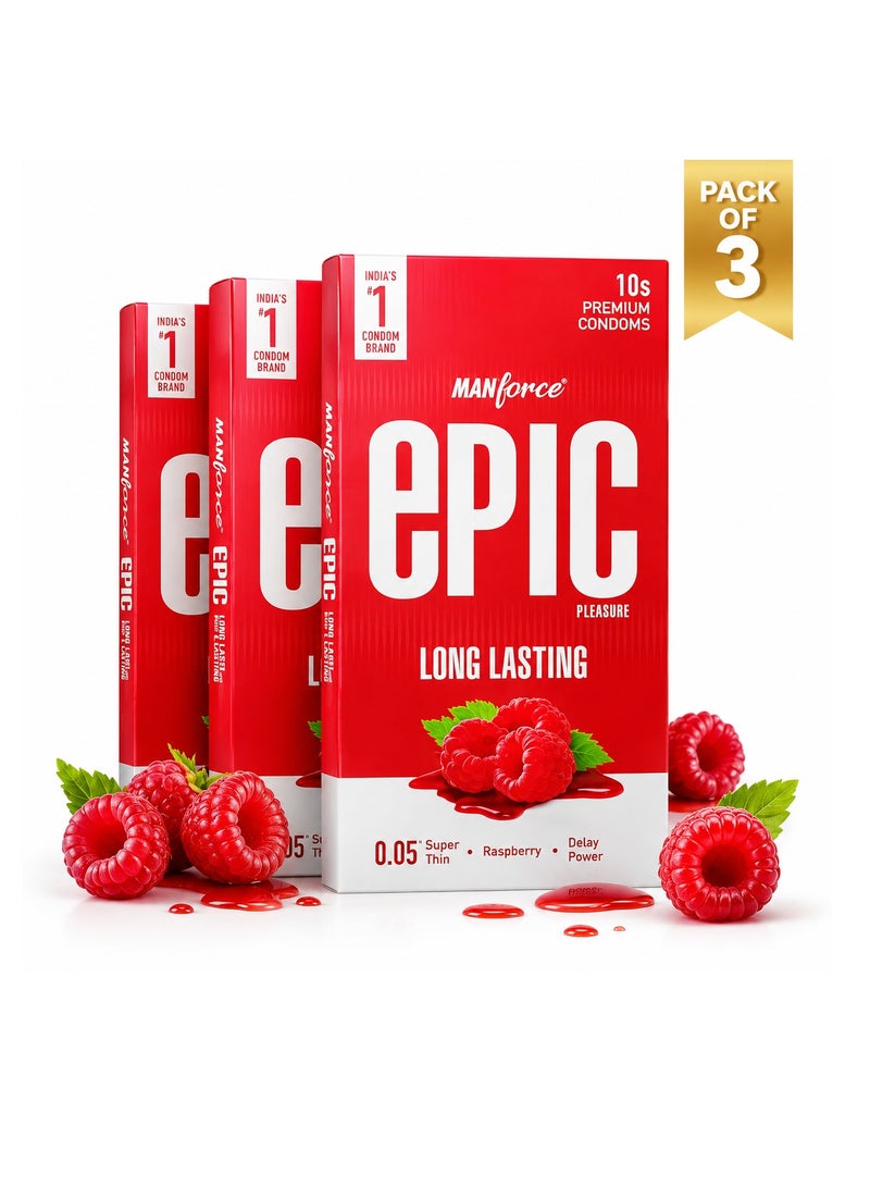 Mankind Manforce Epic Pleasure Raspberry Flavoured Condoms for Men | Pack of 3 |  Ultra Thin Lubricated Latex Condoms for Long Lasting Pleasure and Safe Protection | Premium Quality Flavoured Condoms Pack | 10 Pieces Bundle - Image 1