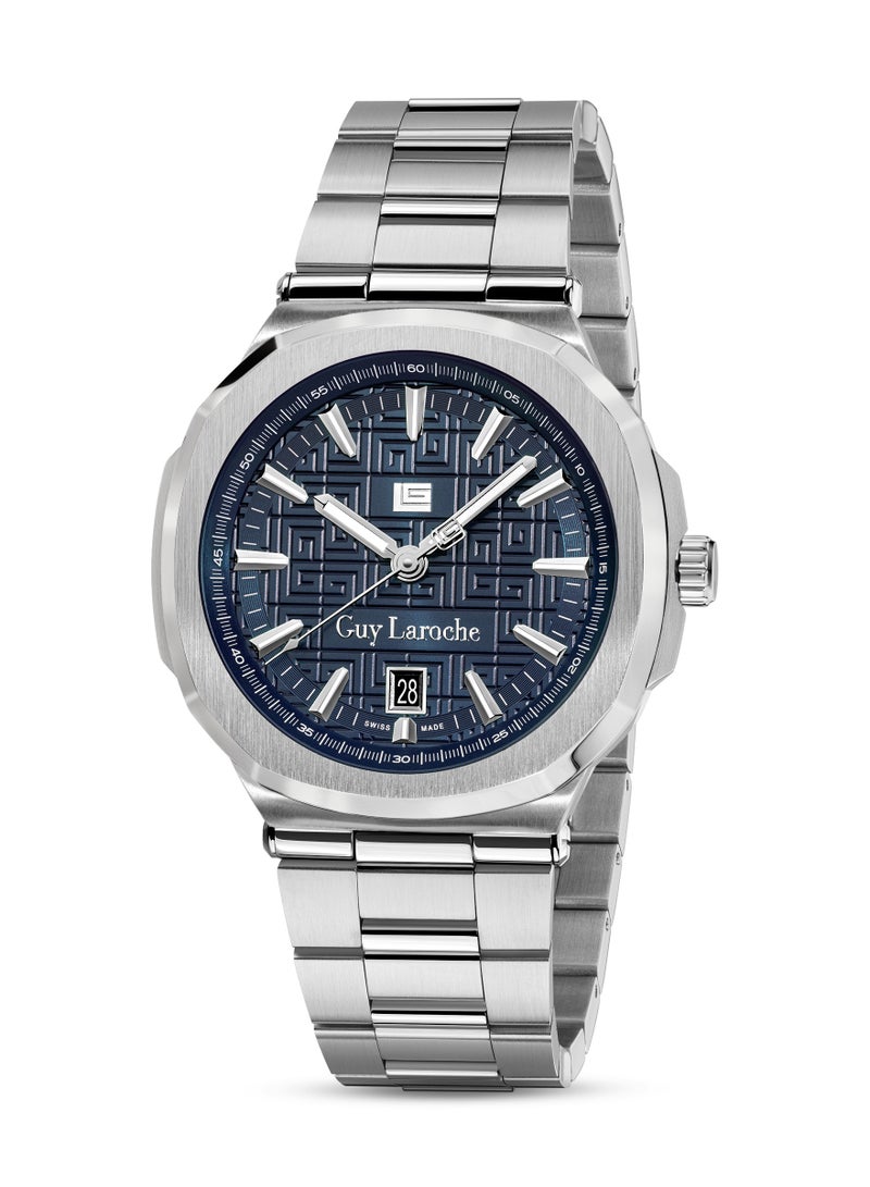 غاي لاروش ساعة رجالية سويسرية الصنع من تشارلي بقرص أزرق وسوار فضي من الفولاذ المقاوم للصدأ - Image 1