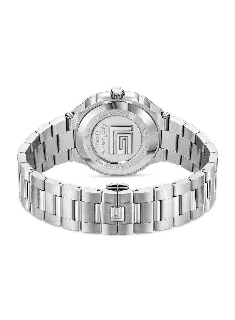 غاي لاروش ساعة رجالية سويسرية الصنع من تشارلي بقرص أزرق وسوار فضي من الفولاذ المقاوم للصدأ - Image 4