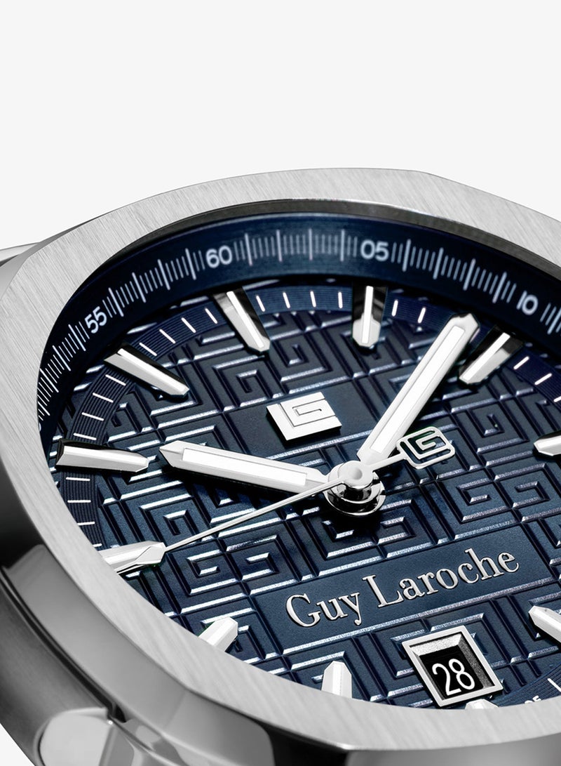 Guy Laroche Charlie Men's 45mm Swiss Made Watch with Blue Dial & Silver Stainless Steel Bracelet - Image 3
