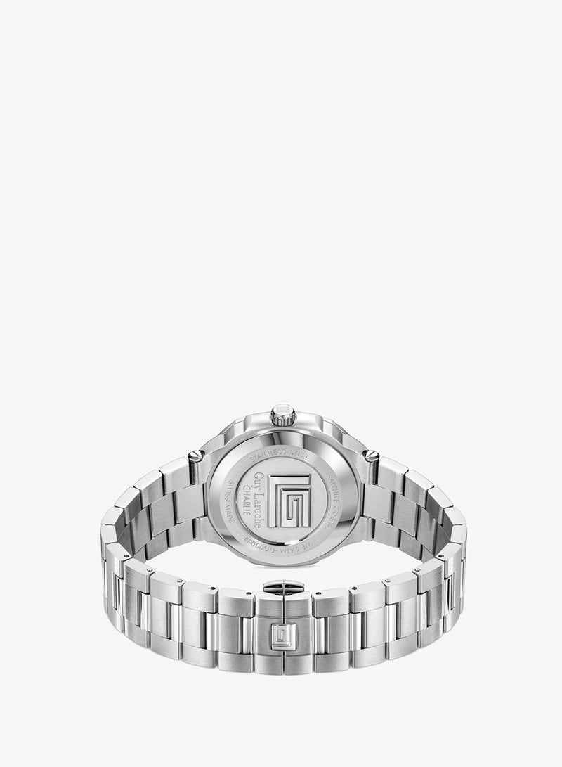 Guy Laroche Charlie Men's 45mm Swiss Made Watch with Blue Dial & Silver Stainless Steel Bracelet - Image 4