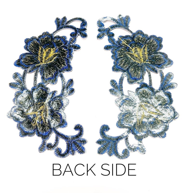 Embroidered Flower sew onIron on Patches for ClothesSuitsBlouseDupattaSareeJeansBackpackIron Dress Badge Pack of 2 Piece Blue - Image 2