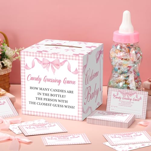 Glenmal 52 Pcs Baby Shower Games Gift Sets Large Baby Bottle for Shower Game Guess How Many Candies Decorations for Gender Reveal Pink Bow - Image 3