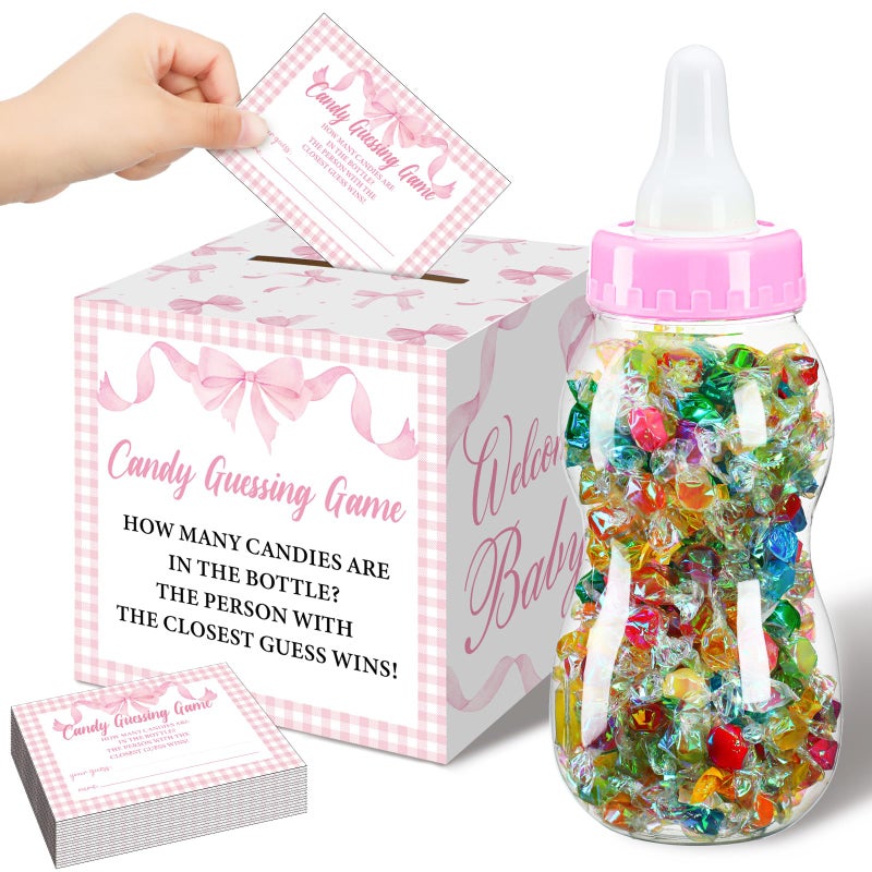 Glenmal 52 Pcs Baby Shower Games Gift Sets Large Baby Bottle for Shower Game Guess How Many Candies Decorations for Gender Reveal Pink Bow - Image 2