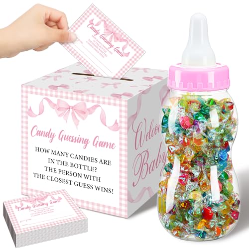 Glenmal 52 Pcs Baby Shower Games Gift Sets Large Baby Bottle for Shower Game Guess How Many Candies Decorations for Gender Reveal Pink Bow - Image 1