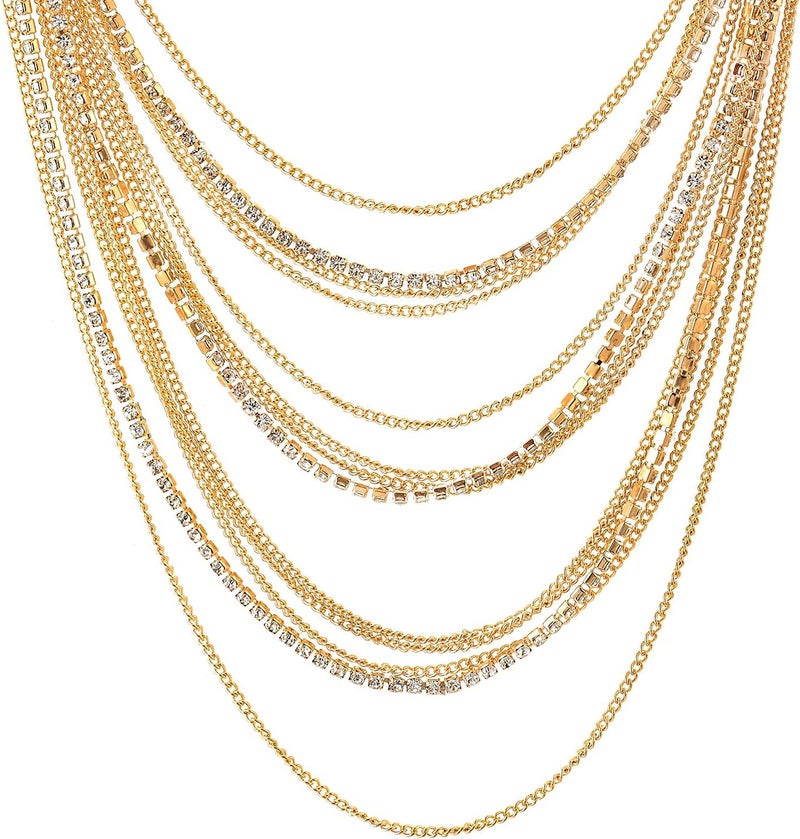 COOLSTEELANDBEYOND Waterfall Multi-Strand Chains Statement Collar Necklace with Rhinestones Chains, Dress - Image 2