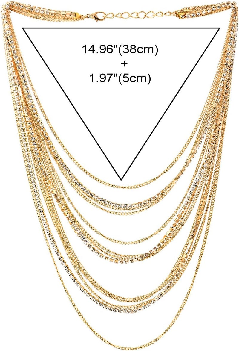 COOLSTEELANDBEYOND Waterfall Multi-Strand Chains Statement Collar Necklace with Rhinestones Chains, Dress - Image 3