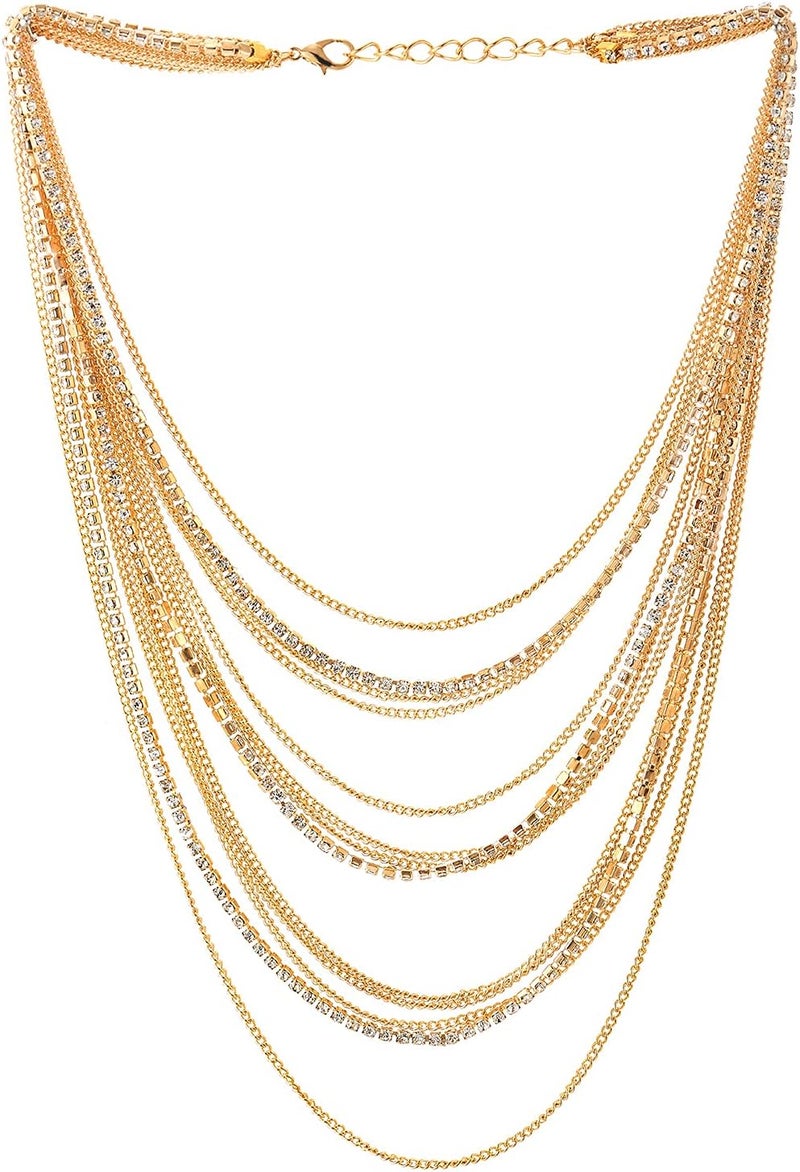 COOLSTEELANDBEYOND Waterfall Multi-Strand Chains Statement Collar Necklace with Rhinestones Chains, Dress - Image 1