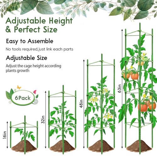 Riare 6 Pack 5.2 FT Tomato Cages for Garden- 63inches Heavy Duty Garden Stakes, Adjustable Tall Tomato Plant Support Tomato Trellis Cage for Pots, Raised Garden Bed, Climbing Vegetables Plants Flowers - Image 3