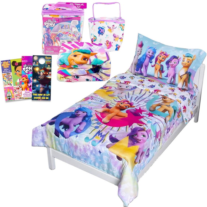 My Little Pony Sheet Set - My Little Pony Bedding Bundle for Toddler Beds Includes 1 Flat Sheet, 1 Fitted Sheet, 1 Pillow Cases, 1 Quilted Bedspread, More | MLP Bedding - Image 1