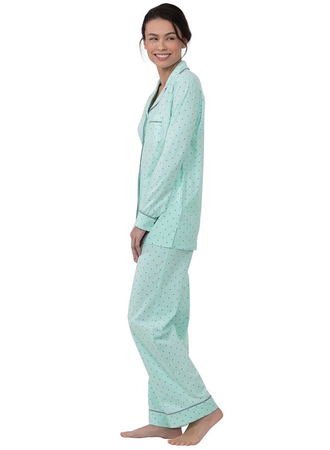 PajamaGram Pajama Set For Women - Pajamas Women Jersey Boyfriend, 100% Cotton, Mint - Polka Dot, M - Image 2