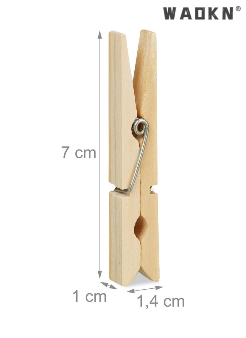 WAOKN - Wooden Clothes Pegs - Comprehensive Set of 100 Large-Sized Pegs, Ideal for Crafting, Garment Drying & Versatile Outdoor Uses. Equipped with Durable Metal Springs, Showcasing a Natural Wood Finish. Convenient Pack of 100（ 1 x 1.4 x 7 cm） - Image 1