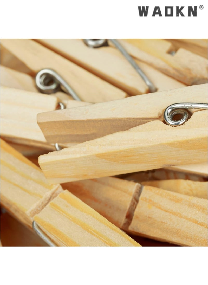 WAOKN - Wooden Clothes Pegs - Comprehensive Set of 100 Large-Sized Pegs, Ideal for Crafting, Garment Drying & Versatile Outdoor Uses. Equipped with Durable Metal Springs, Showcasing a Natural Wood Finish. Convenient Pack of 100（ 1 x 1.4 x 7 cm） - Image 1