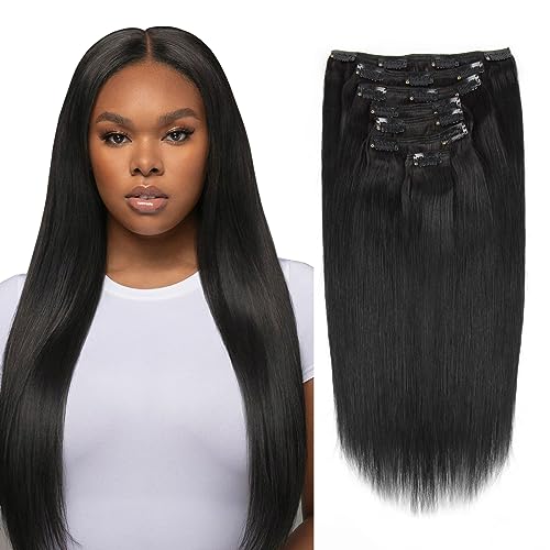 إضافات شعر بشري ساسينا مزدوجة الويفتس ناعمة ومستقيمة بتقنية الكليب لملء الرأس 120 جرام 7 قطع 22 بوصة