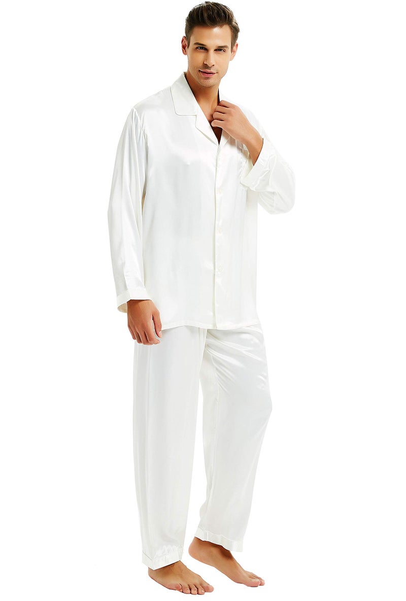 Mens Silk Satin Pajamas Set Sleepwear Loungewear White 3XL